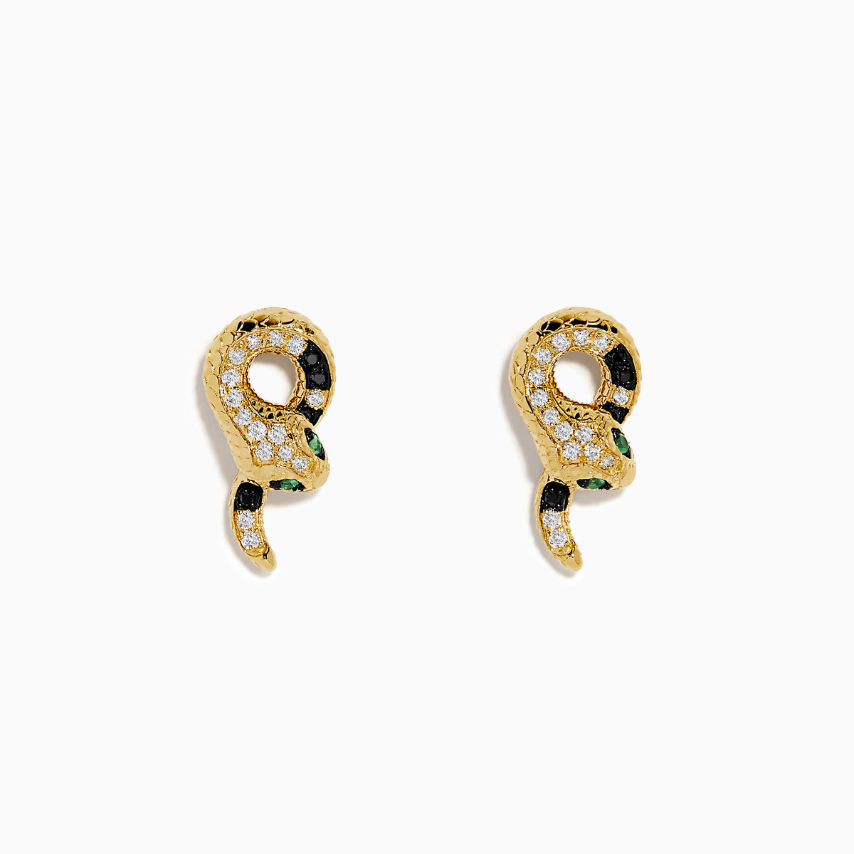 The 14K Yellow Gold Black and White Diamond Snake Earrings, featuring green gemstones, are elegantly displayed on a white background.