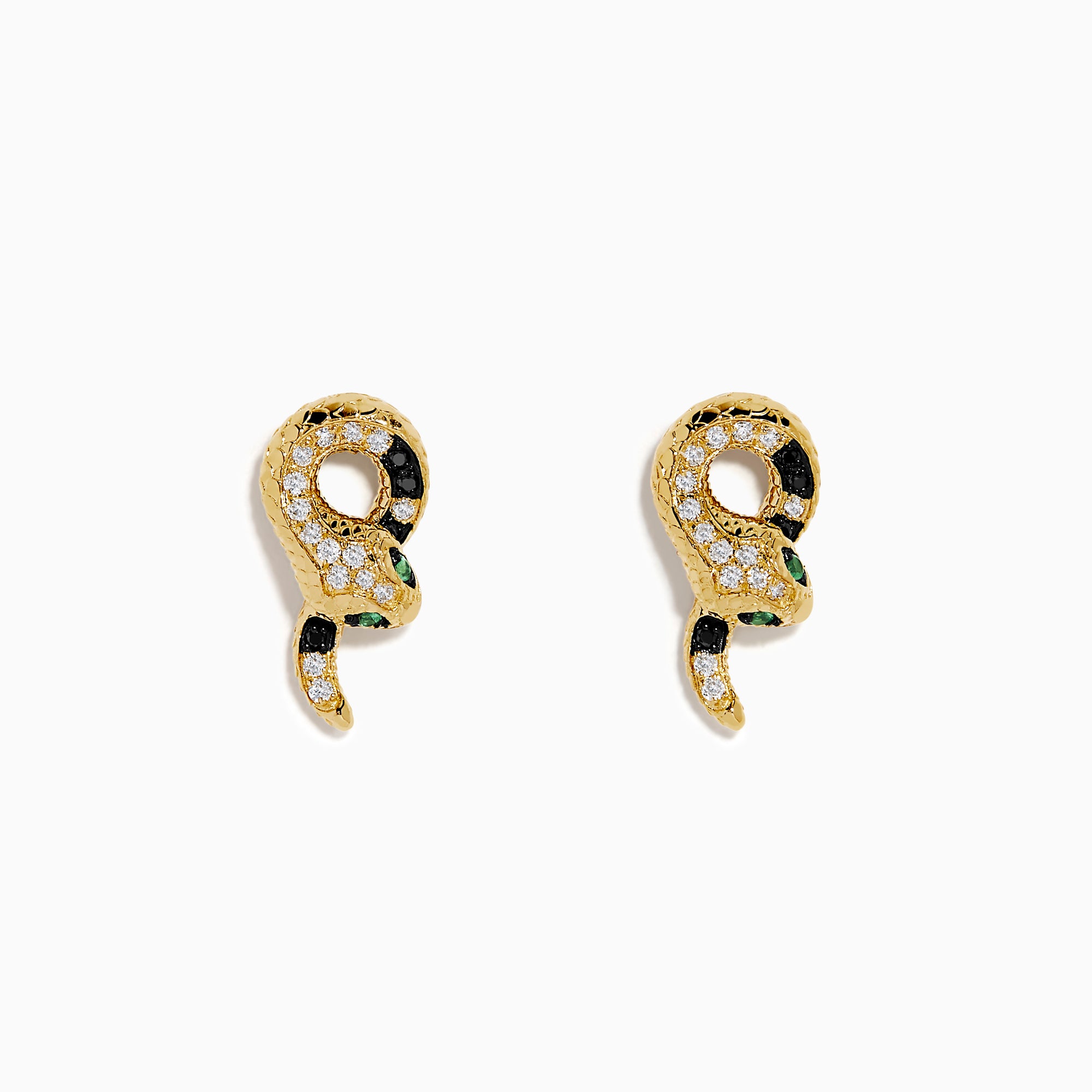 The 14K Yellow Gold Black and White Diamond Snake Earrings, featuring green gemstones, are elegantly displayed on a white background.