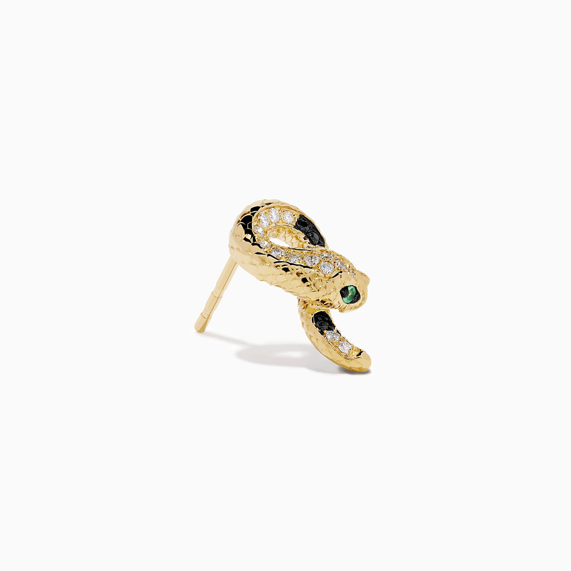 The 14K Yellow Gold Black and White Diamond Snake Earrings, featuring green gemstones, are elegantly displayed on a white background.