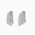 Elegant 14K White Gold Diamond Triple-Band Huggie Hoop Earrings featuring three overlapping curved rows of sparkling diamonds, set against a white background.