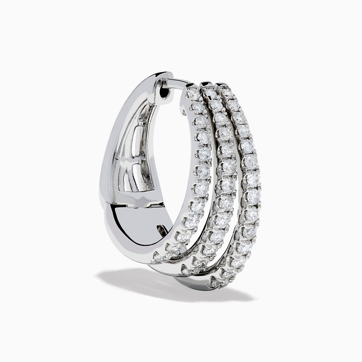 Elegant 14K White Gold Diamond Triple-Band Huggie Hoop Earrings featuring three overlapping curved rows of sparkling diamonds, set against a white background.
