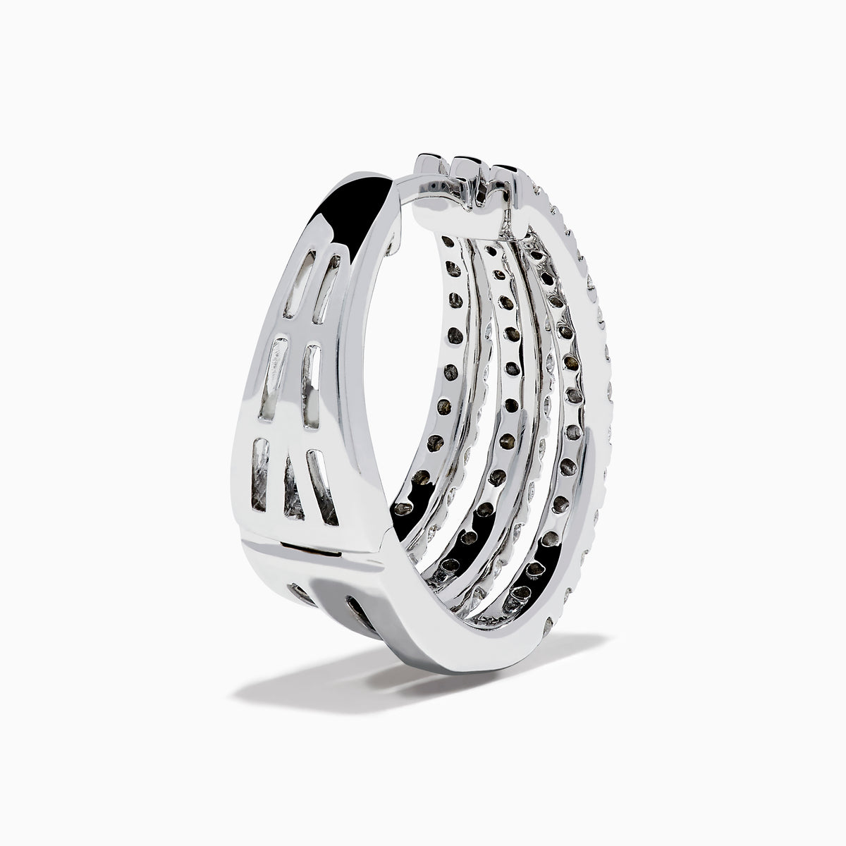 Elegant 14K White Gold Diamond Triple-Band Huggie Hoop Earrings featuring three overlapping curved rows of sparkling diamonds, set against a white background.