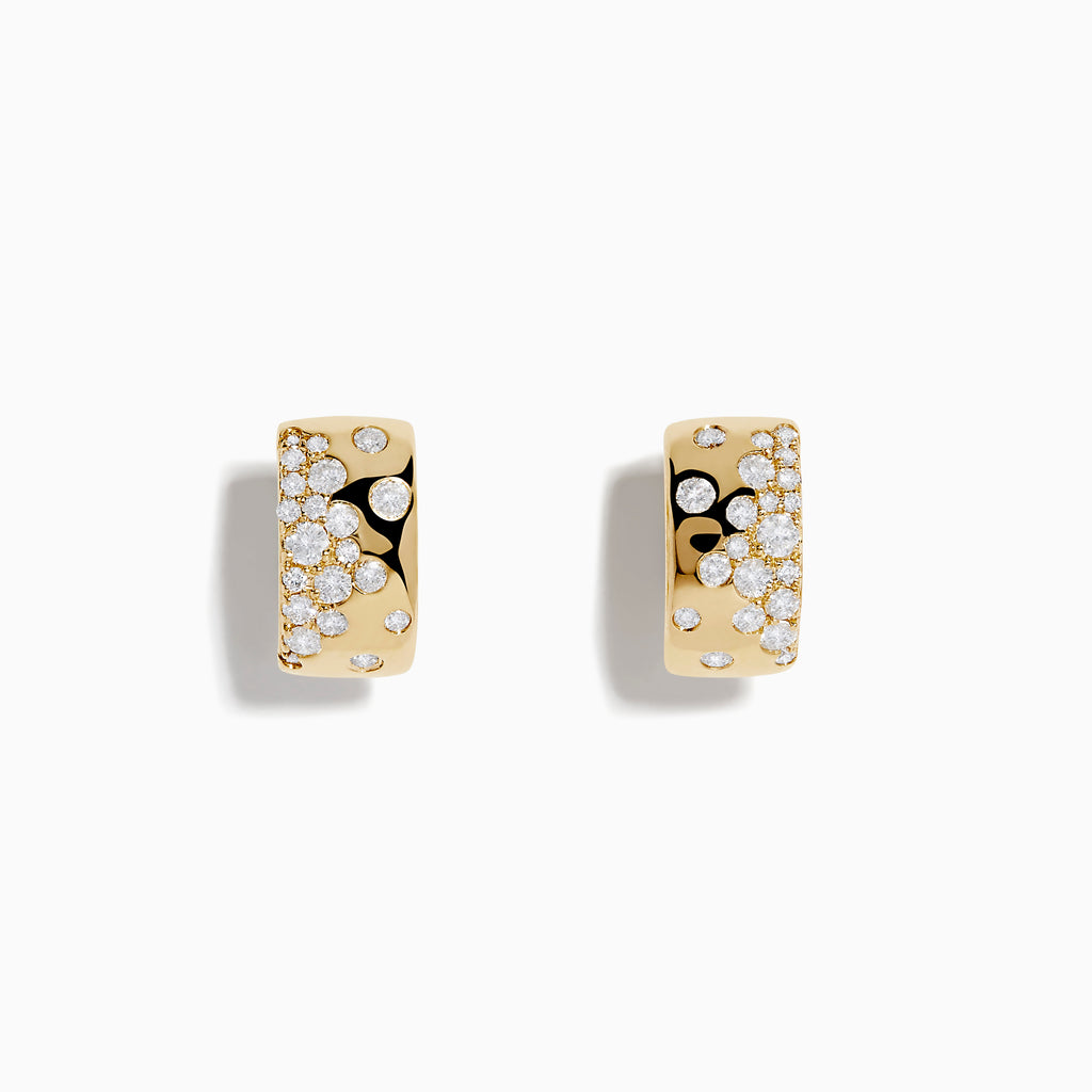 DOro 14K Yellow Gold Scattered Diamonds Earrings are small huggies featuring clusters of sparkling diamonds on the front surface, shown against a white background.