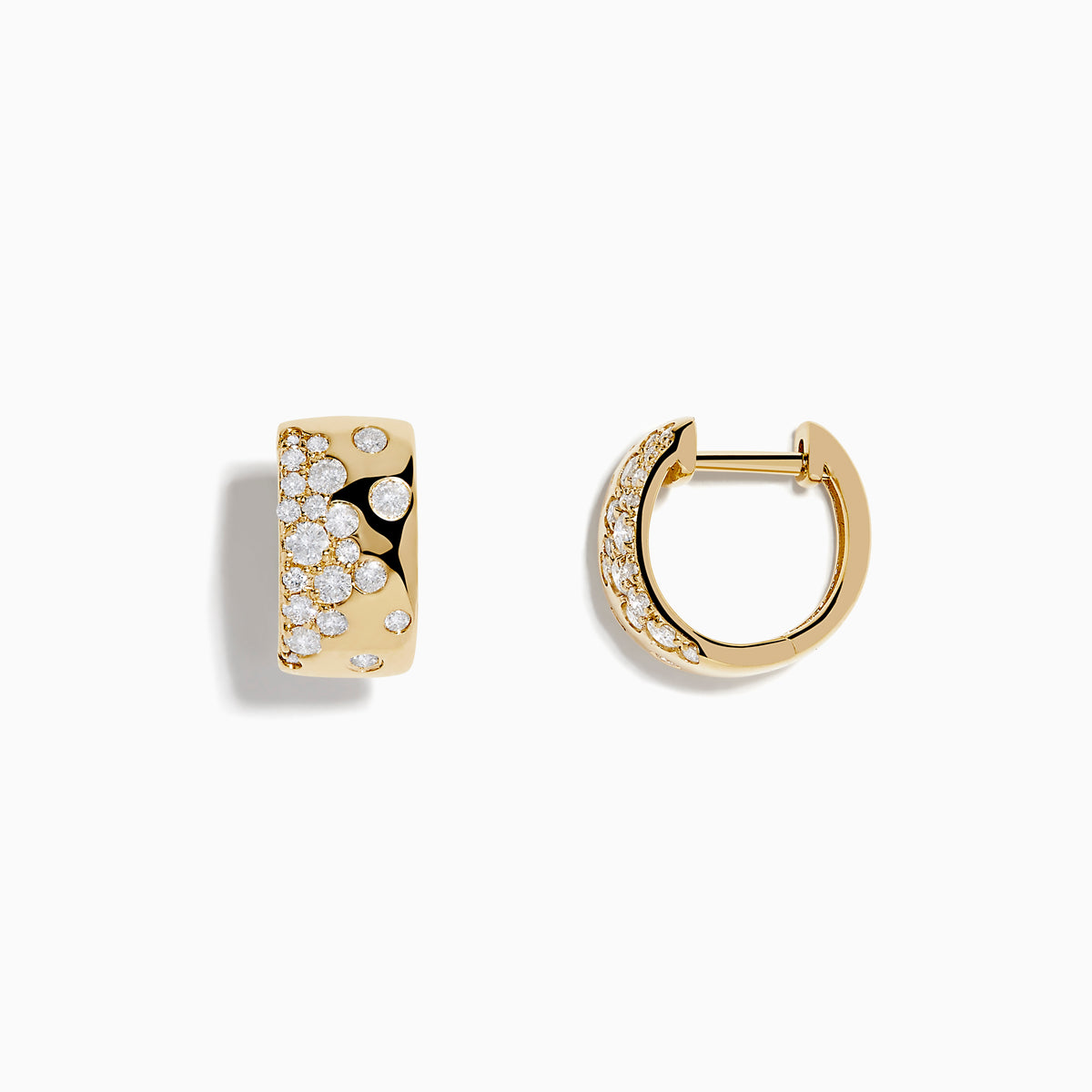 DOro 14K Yellow Gold Scattered Diamonds Earrings are small huggies featuring clusters of sparkling diamonds on the front surface, shown against a white background.