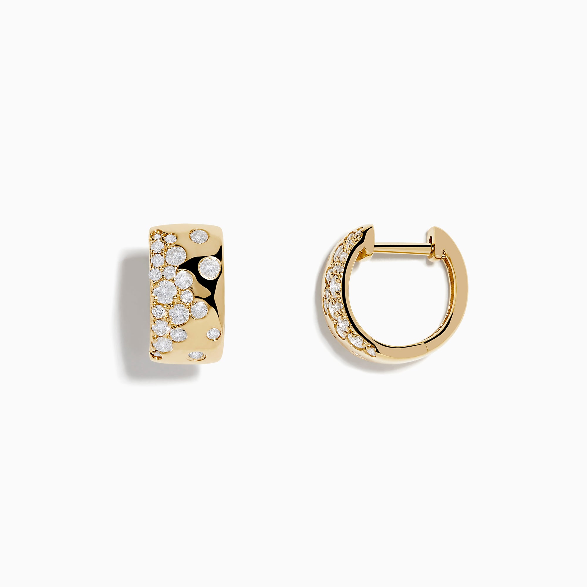 DOro 14K Yellow Gold Scattered Diamonds Earrings are small huggies featuring clusters of sparkling diamonds on the front surface, shown against a white background.