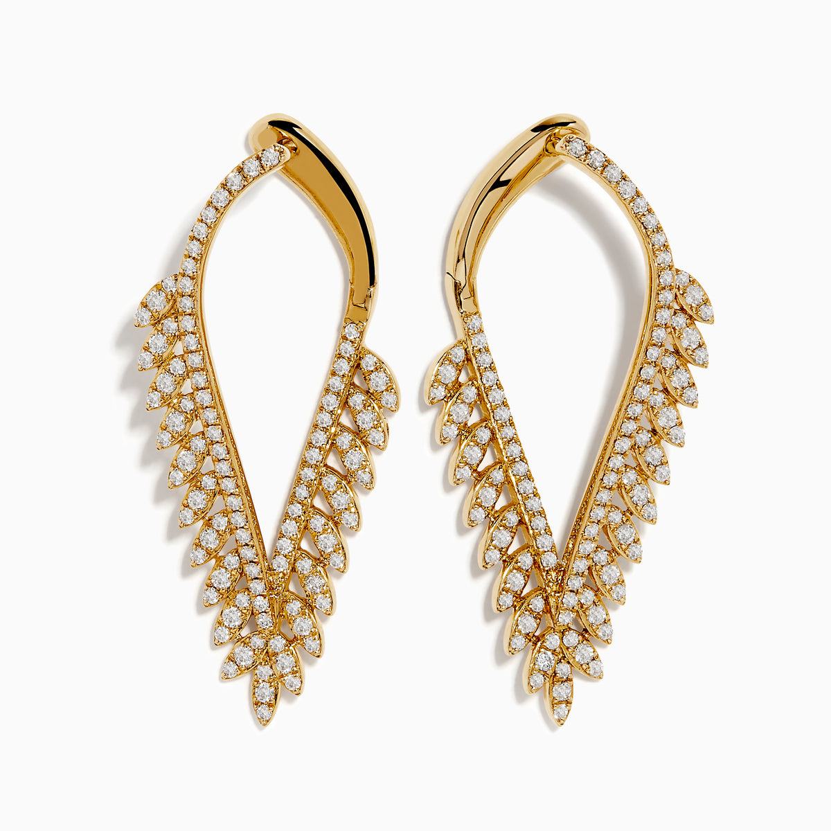 DOro 14k Yellow Gold Diamond Statement Earrings feature curved leaf shapes adorned with multiple rows of sparkling white stones in a symmetrical, elegant design.