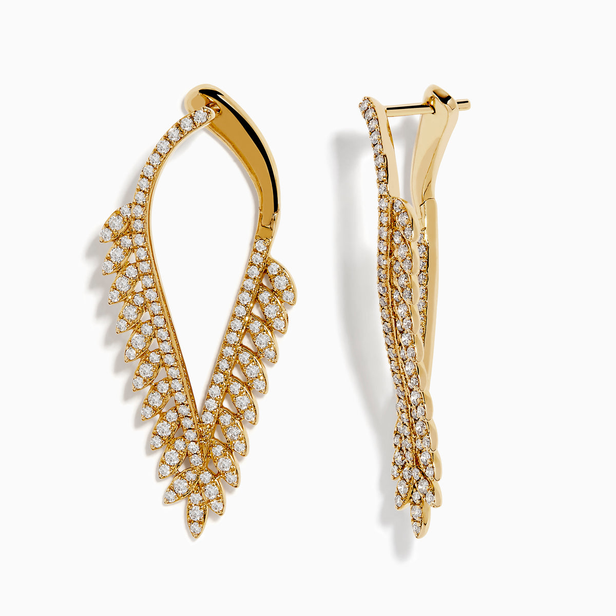 DOro 14k Yellow Gold Diamond Statement Earrings feature curved leaf shapes adorned with multiple rows of sparkling white stones in a symmetrical, elegant design.