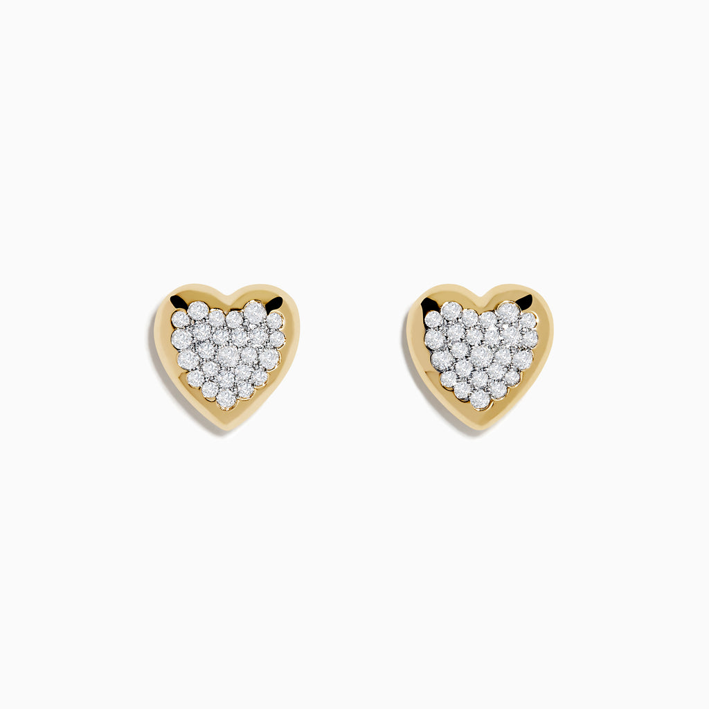 14K Yellow Gold Diamond Heart Earrings featuring round diamonds in a heart-shaped stud design, displayed on a white background.