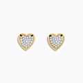 14K Yellow Gold Diamond Heart Earrings featuring round diamonds in a heart-shaped stud design, displayed on a white background.