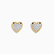 14K Yellow Gold Diamond Heart Earrings featuring round diamonds in a heart-shaped stud design, displayed on a white background.