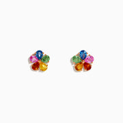 The Watercolors 14K Yellow Gold Multi Sapphire Floral Stud Earrings feature five teardrop sapphires in blue, pink, green, yellow, and orange on each flower-shaped stud against a white background.
