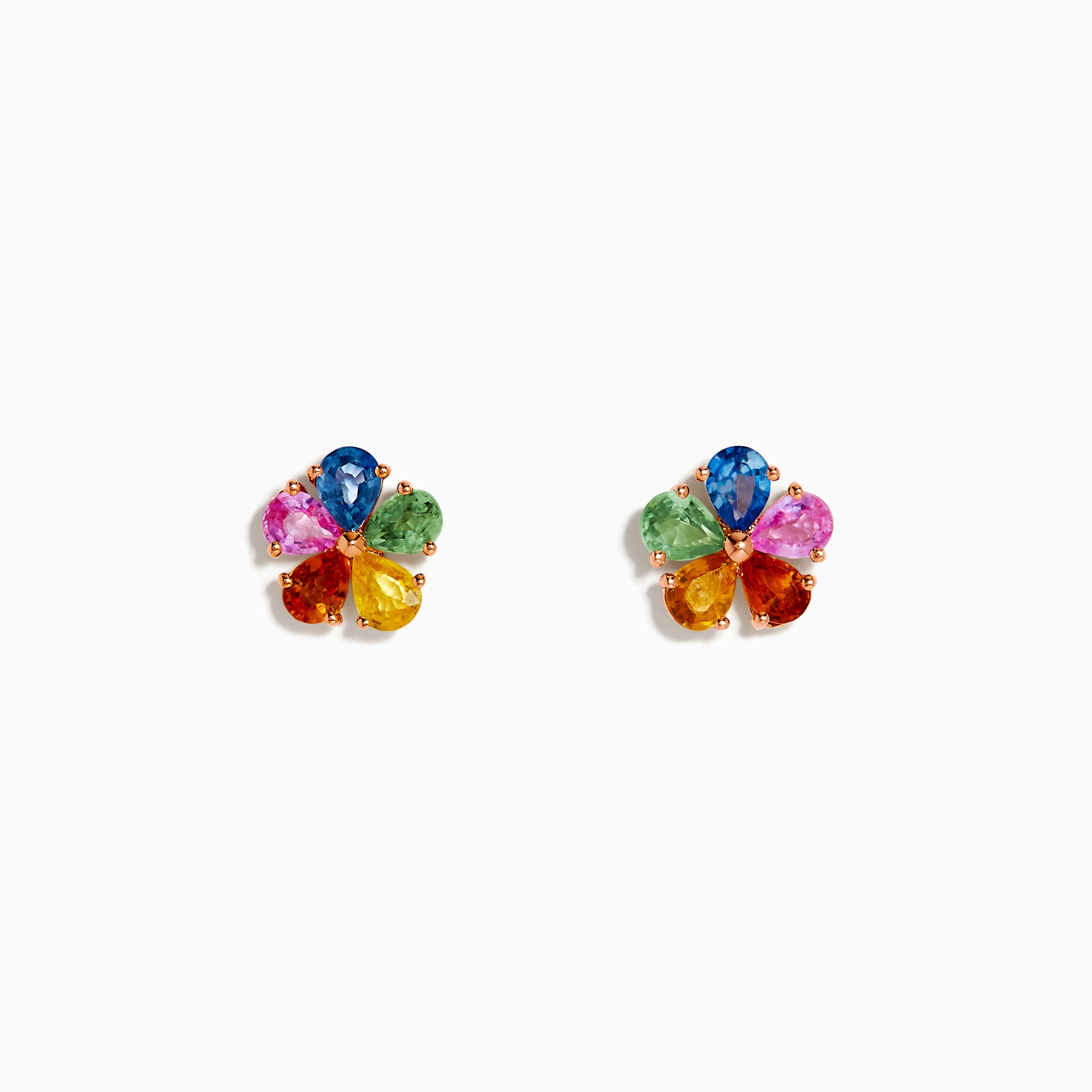 The Watercolors 14K Yellow Gold Multi Sapphire Floral Stud Earrings feature five teardrop sapphires in blue, pink, green, yellow, and orange on each flower-shaped stud against a white background.