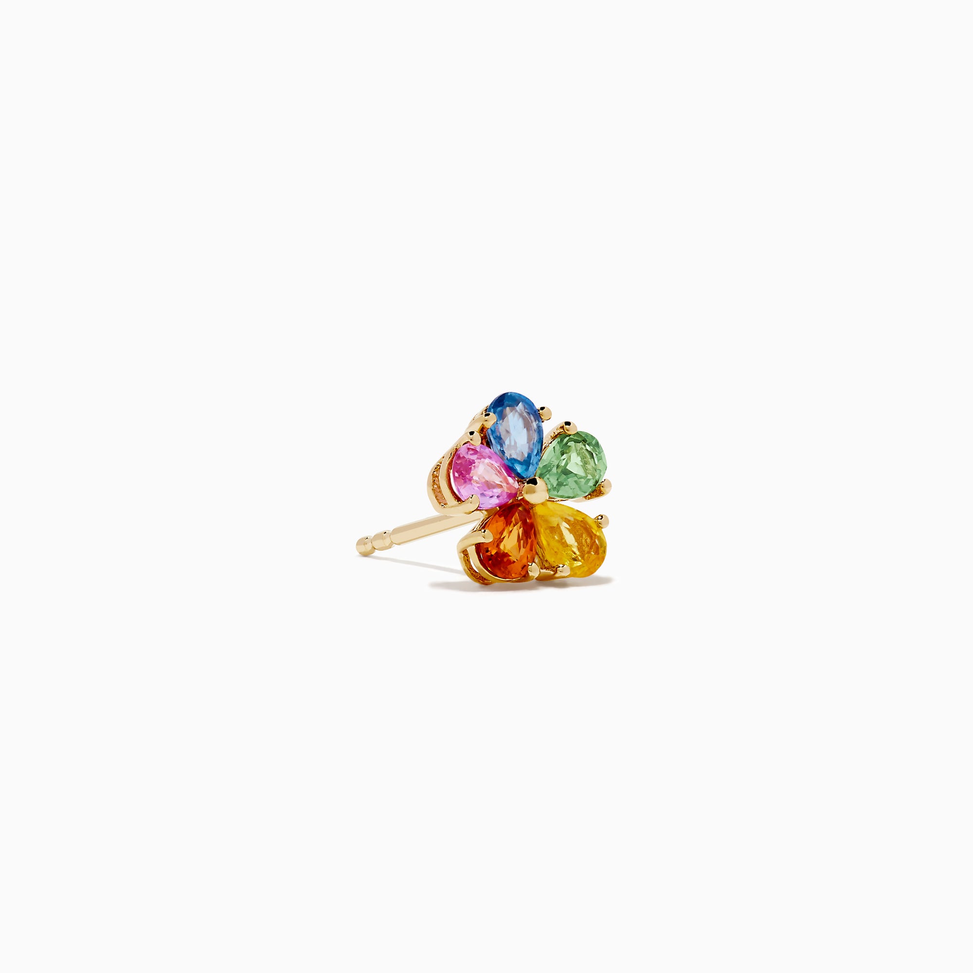 The Watercolors 14K Yellow Gold Multi Sapphire Floral Stud Earrings feature five teardrop sapphires in blue, pink, green, yellow, and orange on each flower-shaped stud against a white background.