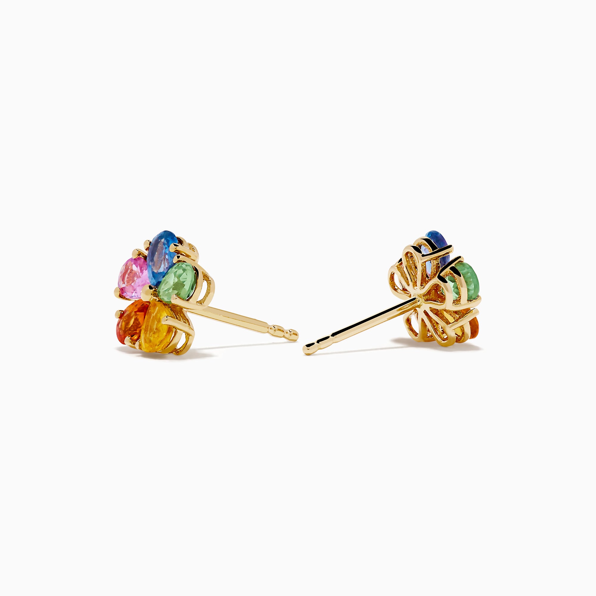 The Watercolors 14K Yellow Gold Multi Sapphire Floral Stud Earrings feature five teardrop sapphires in blue, pink, green, yellow, and orange on each flower-shaped stud against a white background.