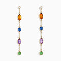 14K yellow gold drop earrings featuring multi-color sapphires in orange, blue, purple, and green, each topped with a small round diamond station.