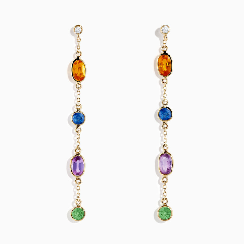 14K yellow gold drop earrings featuring multi-color sapphires in orange, blue, purple, and green, each topped with a small round diamond station.