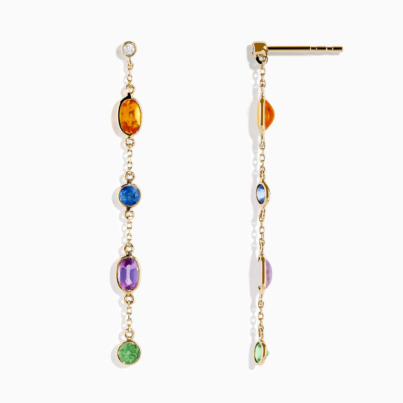 14K yellow gold drop earrings featuring multi-color sapphires in orange, blue, purple, and green, each topped with a small round diamond station.