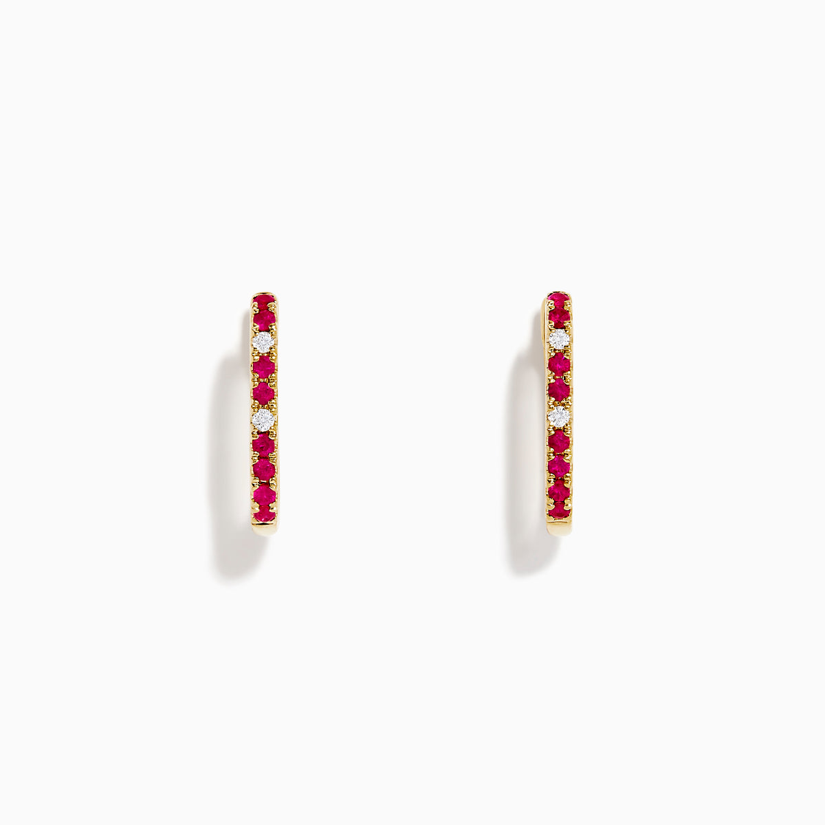 The Ruby Royale 14K Yellow Gold Ruby and Diamond Square Huggie Earrings feature slim bars set with alternating red rubies and clear diamonds, shown against a plain white background.