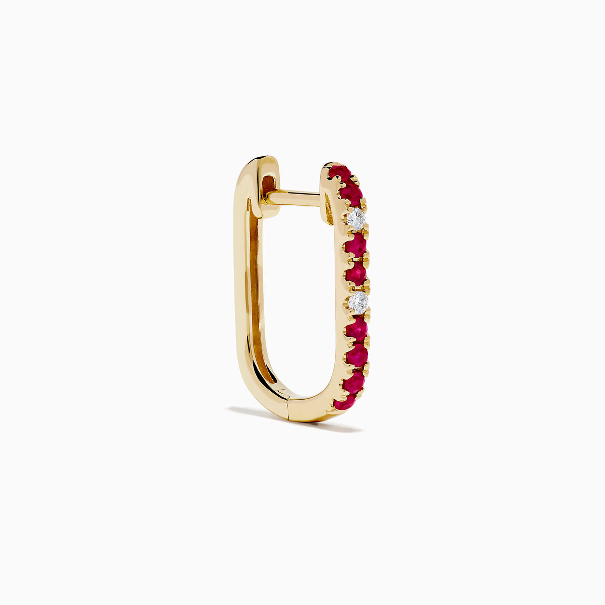 The Ruby Royale 14K Yellow Gold Ruby and Diamond Square Huggie Earrings feature slim bars set with alternating red rubies and clear diamonds, shown against a plain white background.