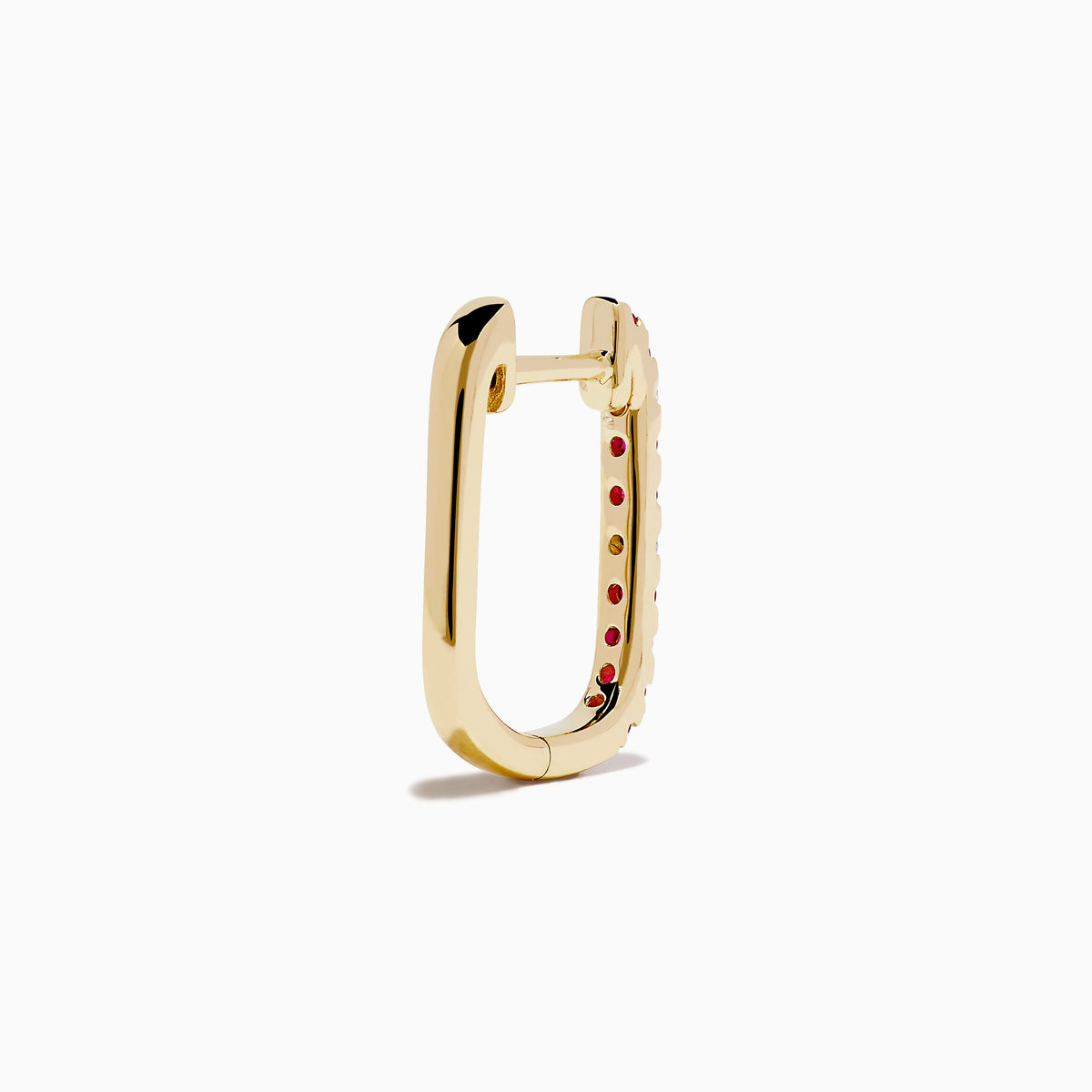 The Ruby Royale 14K Yellow Gold Ruby and Diamond Square Huggie Earrings feature slim bars set with alternating red rubies and clear diamonds, shown against a plain white background.