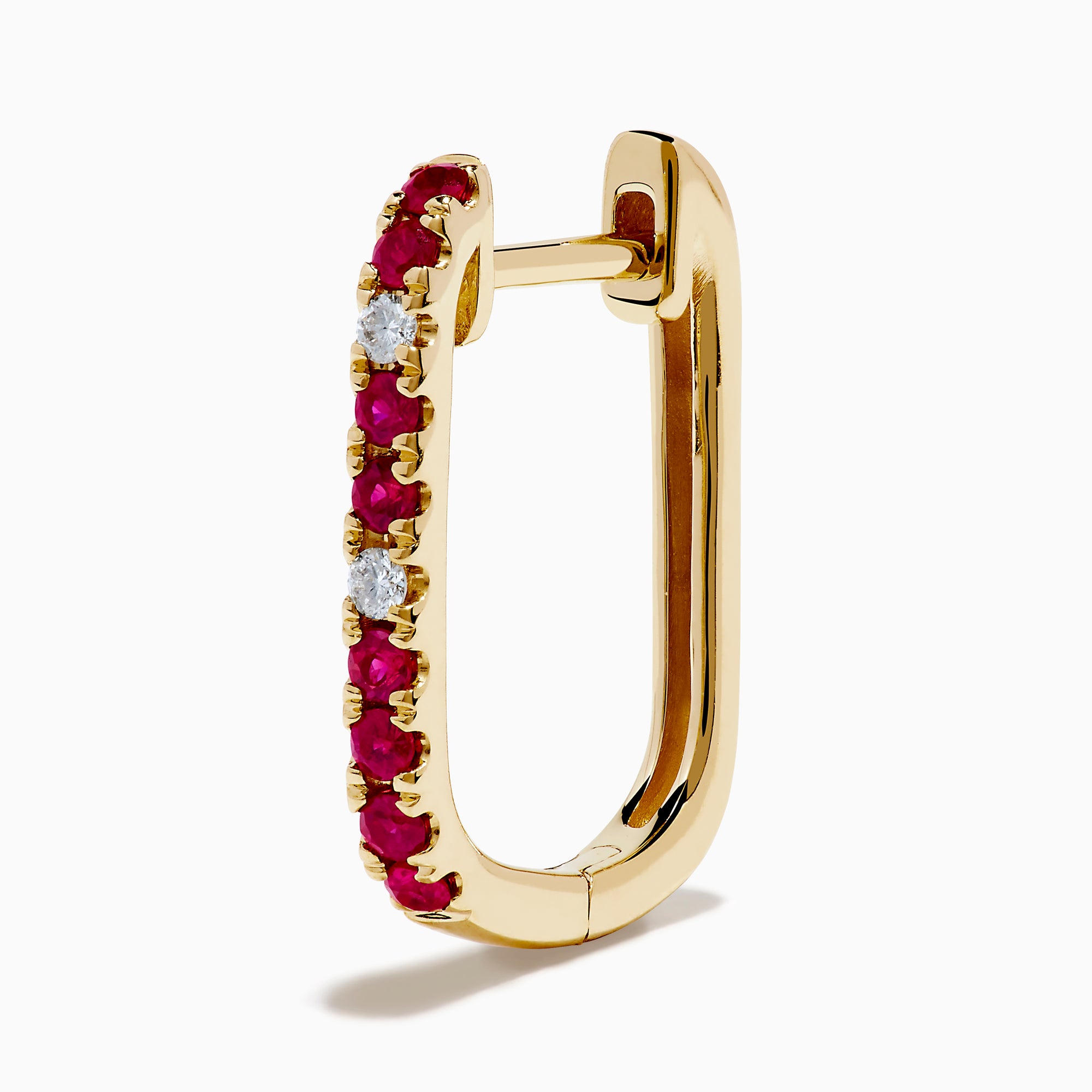 The Ruby Royale 14K Yellow Gold Ruby and Diamond Square Huggie Earrings feature slim bars set with alternating red rubies and clear diamonds, shown against a plain white background.