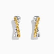 14K Two Tone Gold White and Yellow Diamond Criss Cross Hoop Earrings featuring alternating rows of white and yellow diamonds in a sleek, curved design, photographed on a white background.