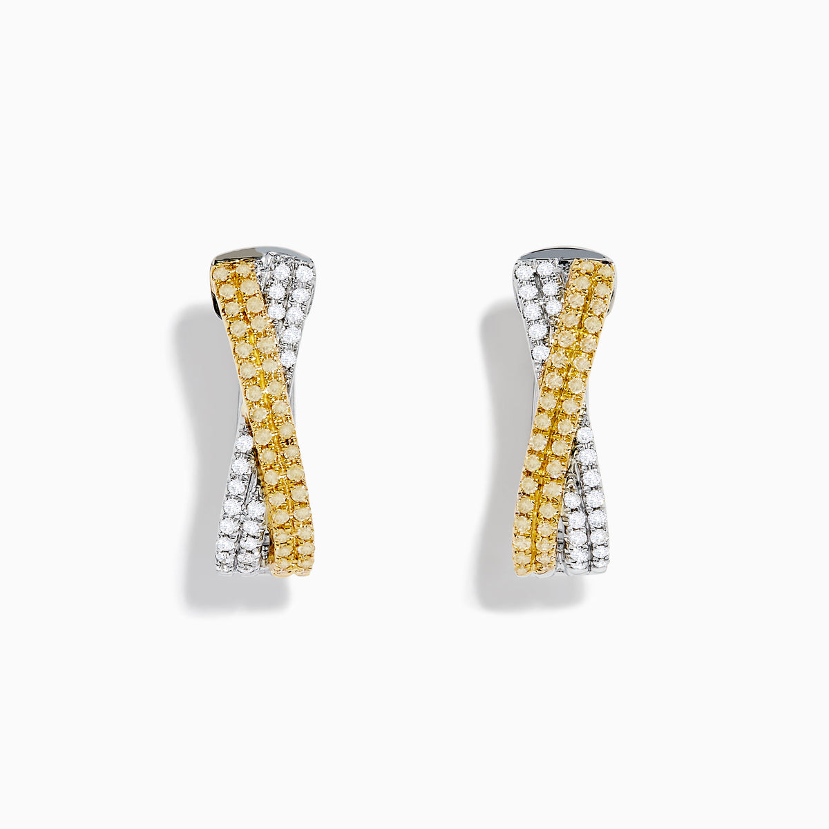 14K Two Tone Gold White and Yellow Diamond Criss Cross Hoop Earrings featuring alternating rows of white and yellow diamonds in a sleek, curved design, photographed on a white background.