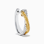 14K Two Tone Gold White and Yellow Diamond Criss Cross Hoop Earrings featuring alternating rows of white and yellow diamonds in a sleek, curved design, photographed on a white background.