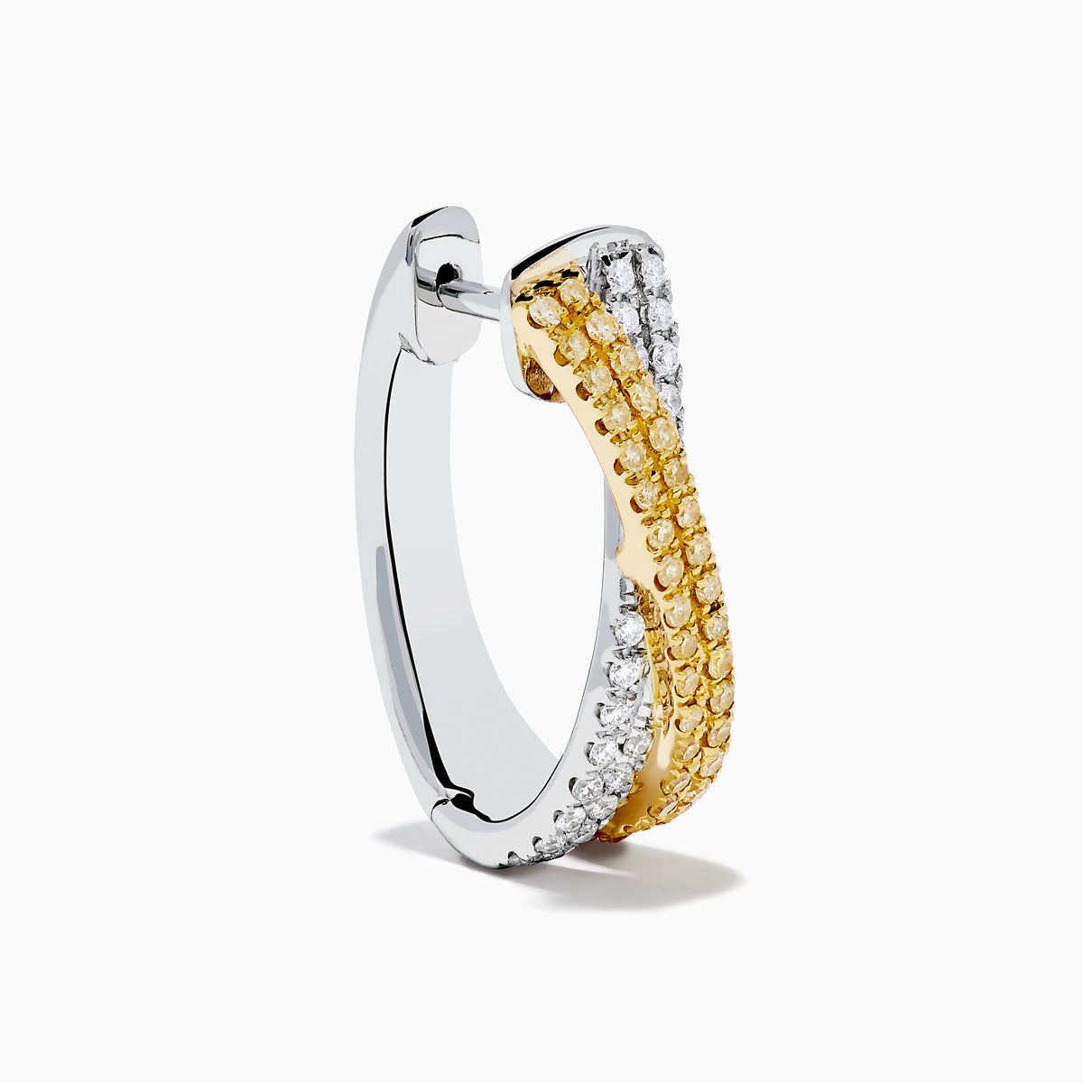 14K Two Tone Gold White and Yellow Diamond Criss Cross Hoop Earrings featuring alternating rows of white and yellow diamonds in a sleek, curved design, photographed on a white background.