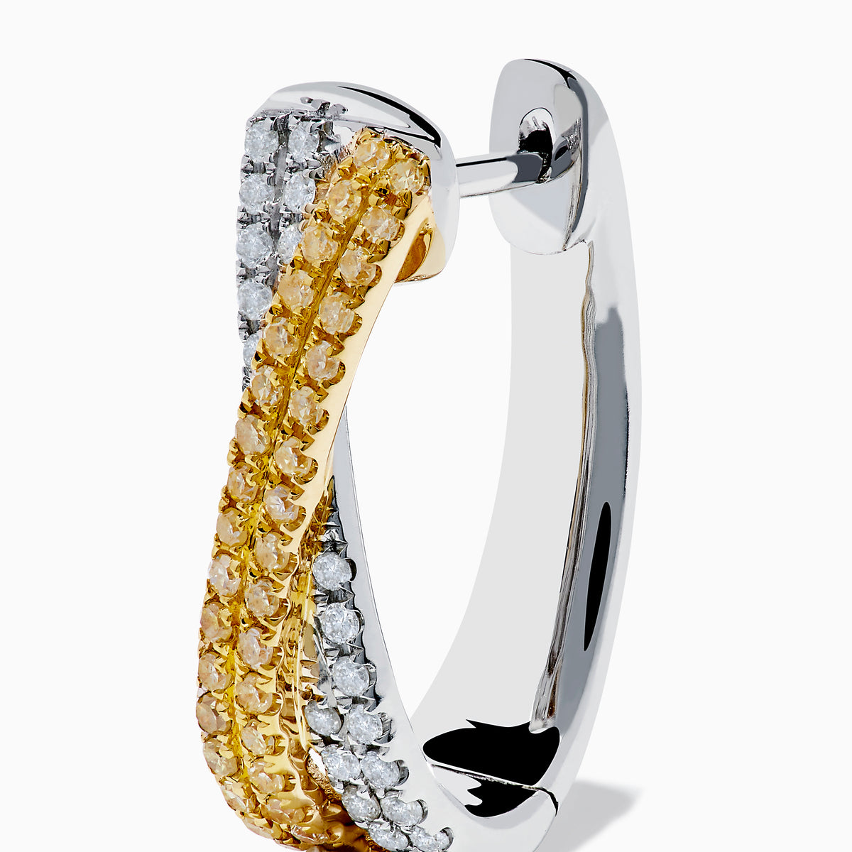 14K Two Tone Gold White and Yellow Diamond Criss Cross Hoop Earrings featuring alternating rows of white and yellow diamonds in a sleek, curved design, photographed on a white background.