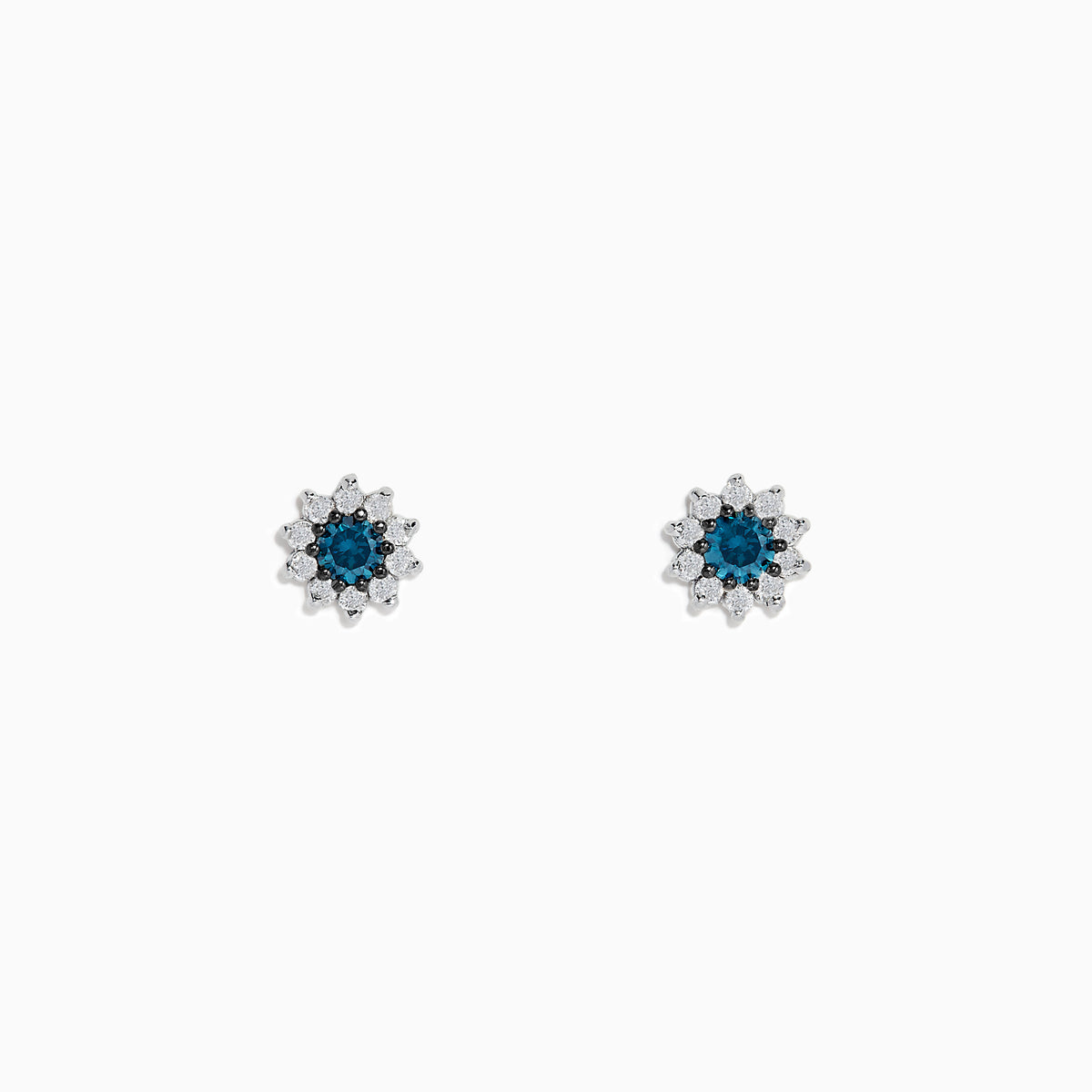 Bella Bleu 14K white gold earrings feature a floral design with blue and white diamonds (0.50 TCW) clustered at the center and clear stones surrounding, shown on a white background.