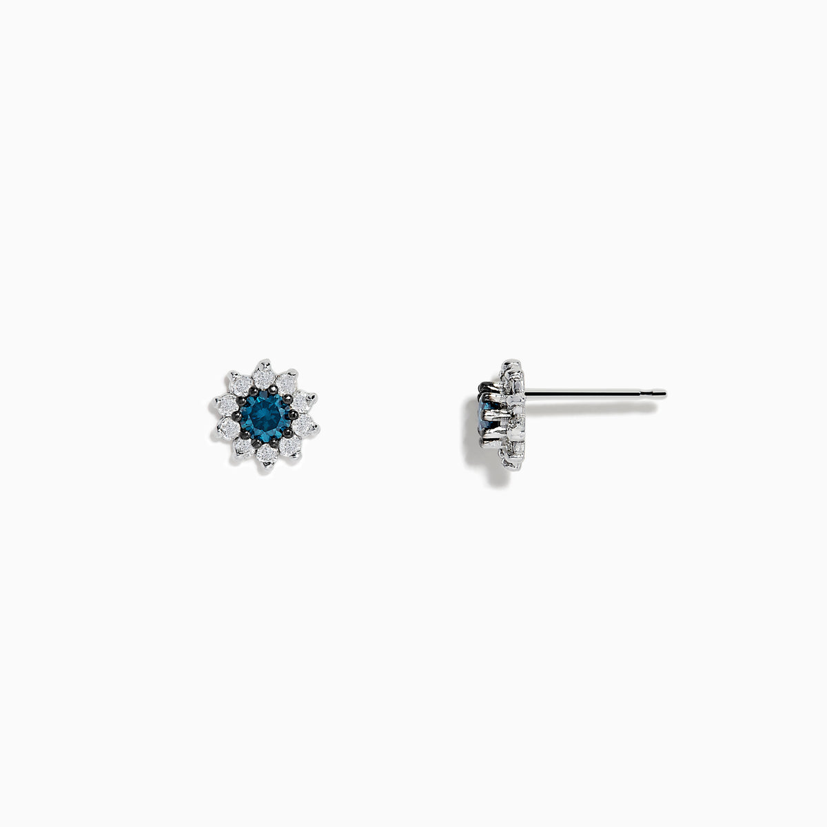 Bella Bleu 14K white gold earrings feature a floral design with blue and white diamonds (0.50 TCW) clustered at the center and clear stones surrounding, shown on a white background.