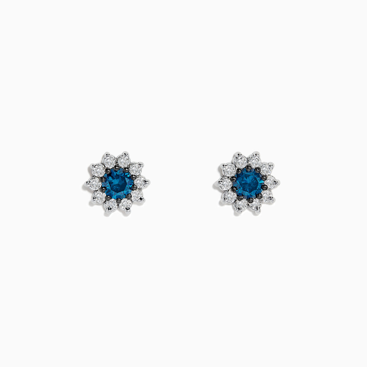 Bella Bleu 14K White Gold Blue and White Diamond Earrings, 1.20 TCW, feature a central round blue stone encircled by sparkling white diamonds in a flower-inspired design, displayed on a white background.