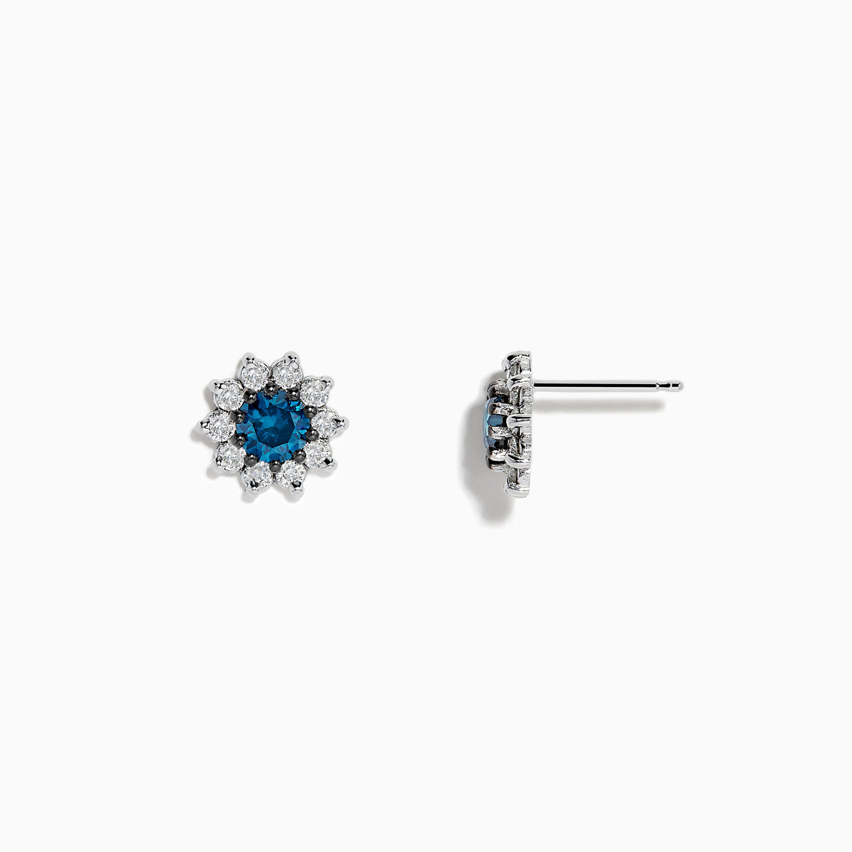 Bella Bleu 14K White Gold Blue and White Diamond Earrings, 1.20 TCW, feature a central round blue stone encircled by sparkling white diamonds in a flower-inspired design, displayed on a white background.