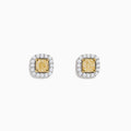 The Canare 18K Two Tone Gold White and Yellow Diamond Earrings are square studs with yellow center stones, sparkling white diamonds, and a timeless 18K two-tone gold setting.