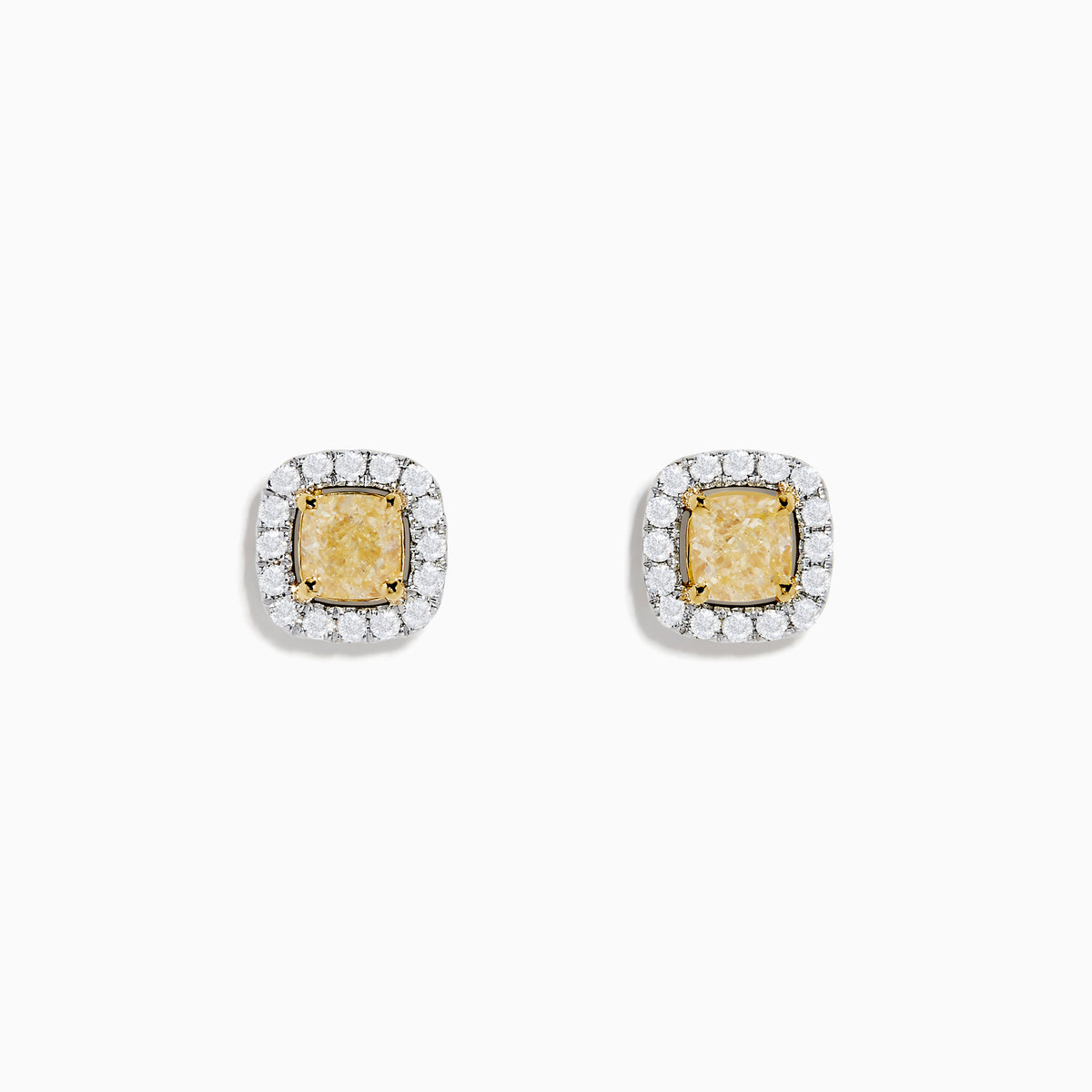 The Canare 18K Two Tone Gold White and Yellow Diamond Earrings are square studs with yellow center stones, sparkling white diamonds, and a timeless 18K two-tone gold setting.