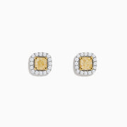The Canare 18K Two Tone Gold White and Yellow Diamond Earrings are square studs with yellow center stones, sparkling white diamonds, and a timeless 18K two-tone gold setting.