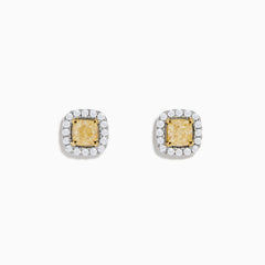 The Canare 18K Two Tone Gold White and Yellow Diamond Earrings are square studs with yellow center stones, sparkling white diamonds, and a timeless 18K two-tone gold setting.