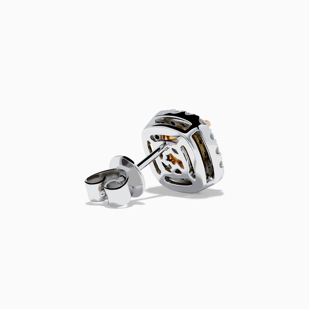 The Canare 18K Two Tone Gold White and Yellow Diamond Earrings are square studs with yellow center stones, sparkling white diamonds, and a timeless 18K two-tone gold setting.