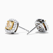 The Canare 18K Two Tone Gold White and Yellow Diamond Earrings are square studs with yellow center stones, sparkling white diamonds, and a timeless 18K two-tone gold setting.