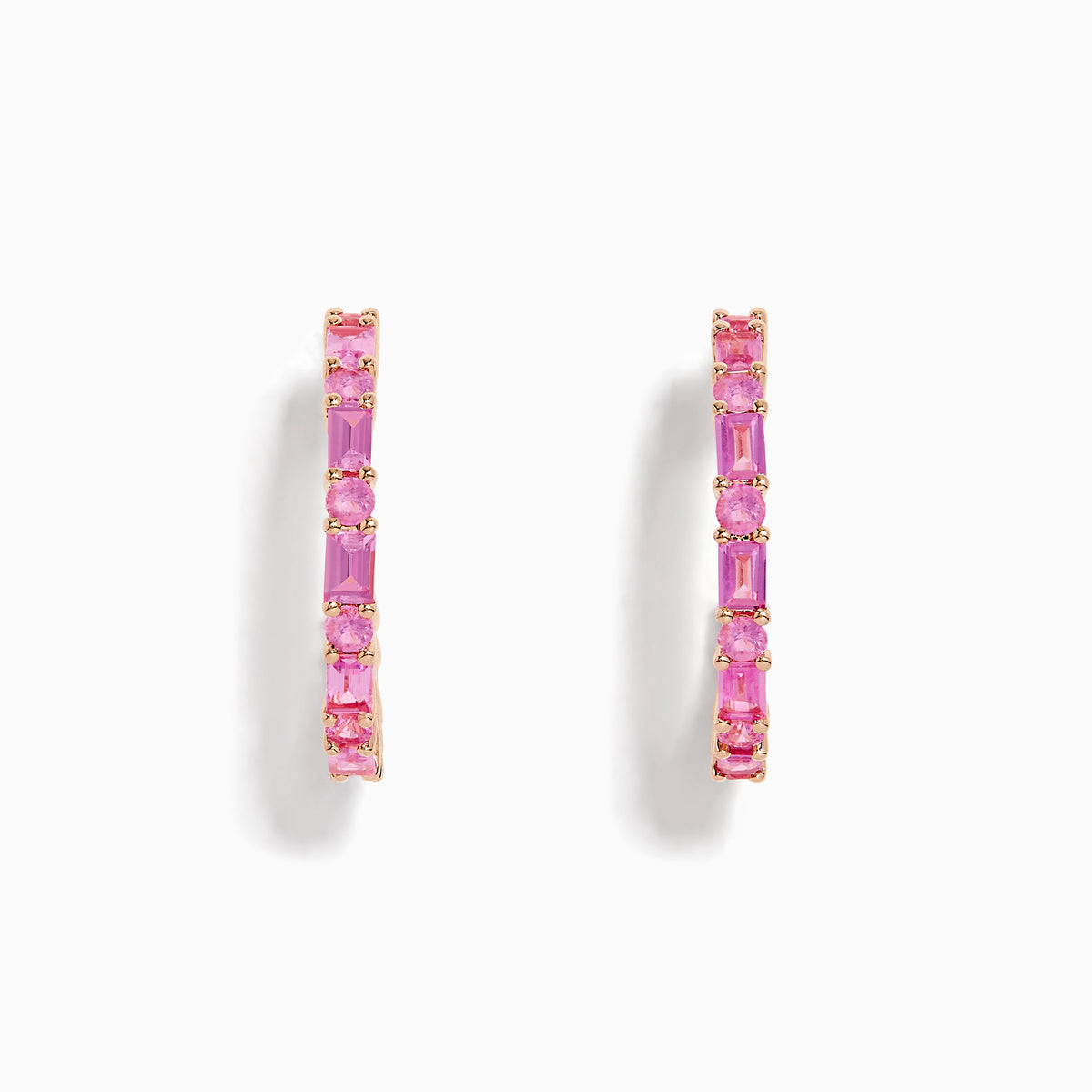 A pair of 14K Rose Gold Pink Sapphire Hoop Earrings with rectangular and round pink gemstones, displayed vertically on a plain white background.
