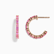 A pair of 14K Rose Gold Pink Sapphire Hoop Earrings with rectangular and round pink gemstones, displayed vertically on a plain white background.