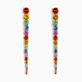 The 14K Yellow Gold Multi Sapphire Linear Drop Earrings feature a sequence of round sapphires in a rainbow gradient, elegantly set in gold.
