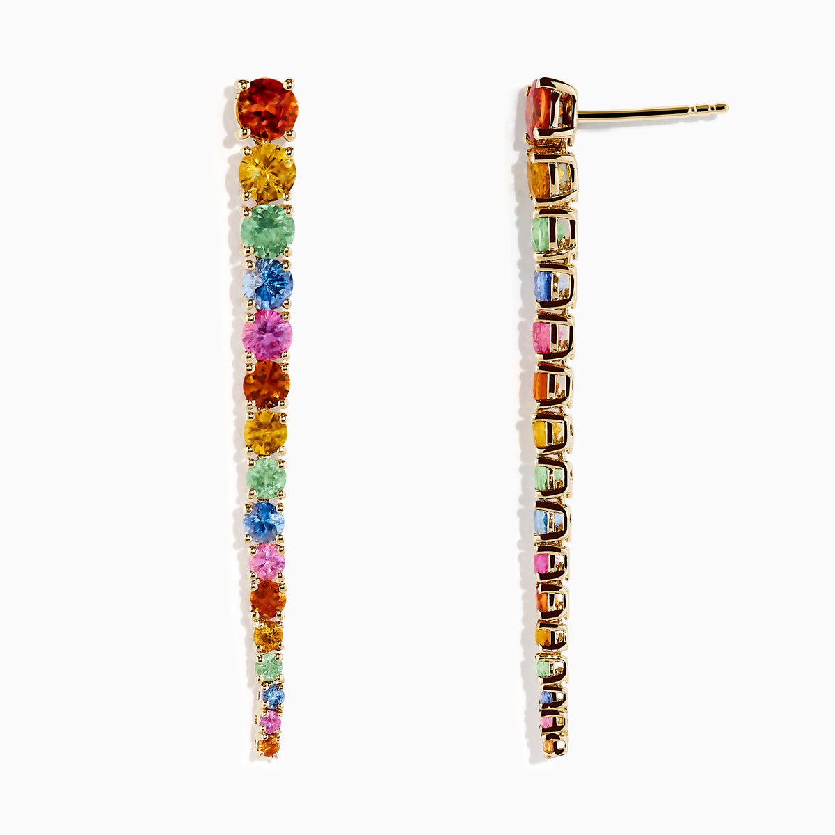 The 14K Yellow Gold Multi Sapphire Linear Drop Earrings feature a sequence of round sapphires in a rainbow gradient, elegantly set in gold.