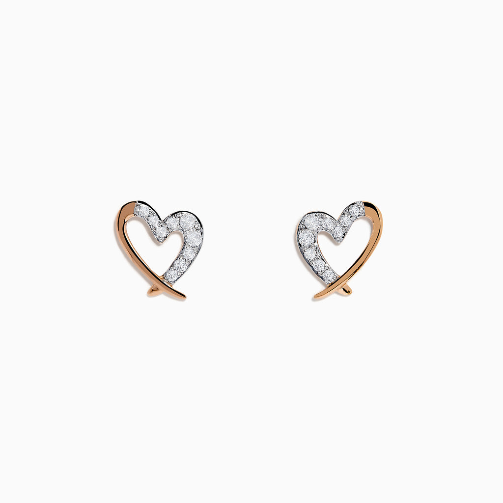 The 14K Rose Gold Diamond Open Heart Earrings feature each heart half outlined with sparkling diamond-like gemstones, shown against a white background.