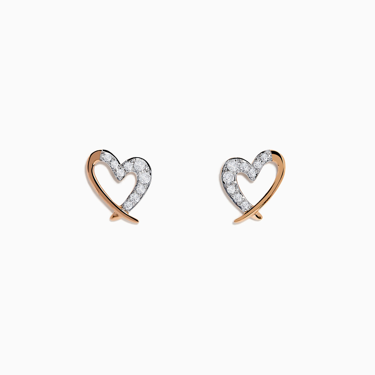 The 14K Rose Gold Diamond Open Heart Earrings feature each heart half outlined with sparkling diamond-like gemstones, shown against a white background.