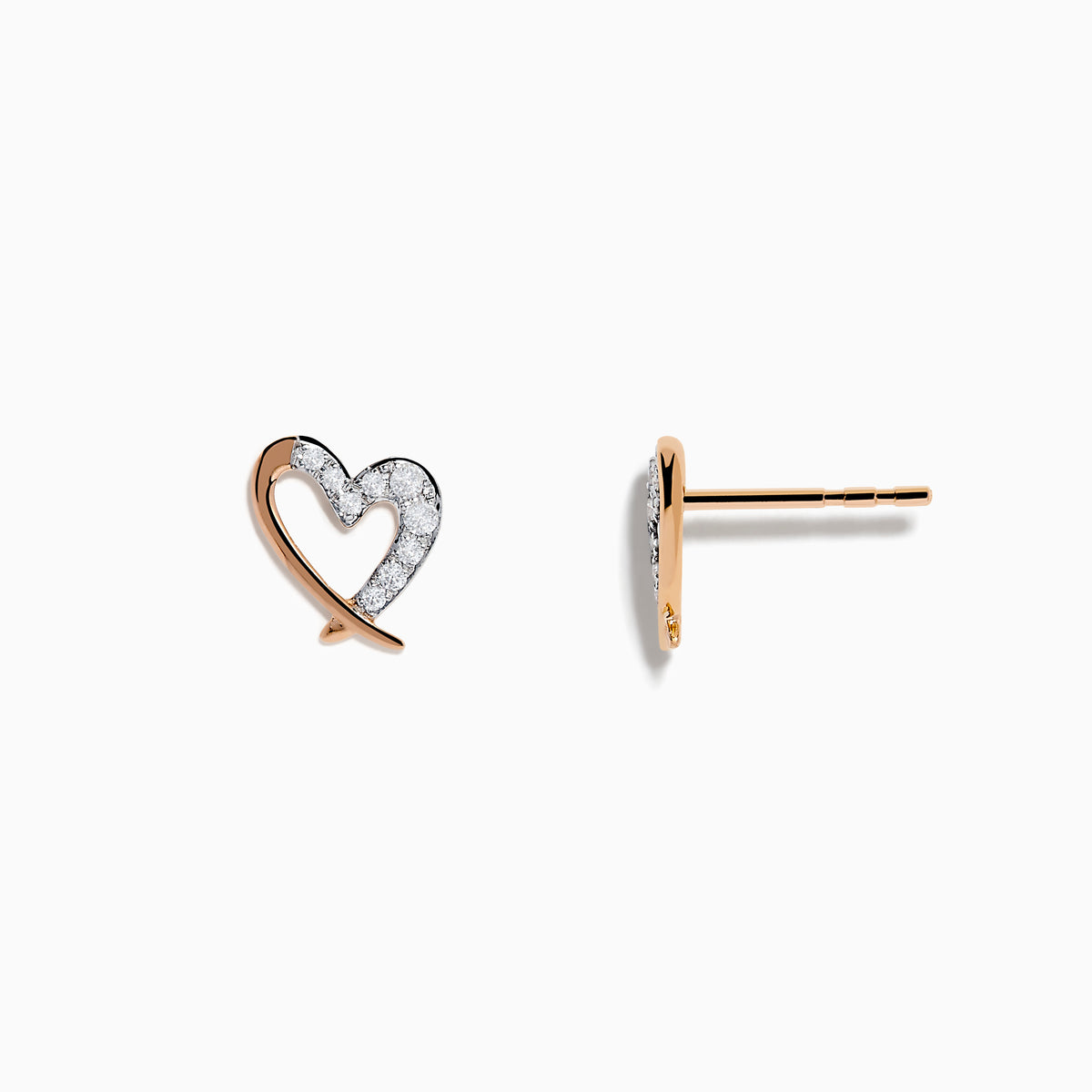 The 14K Rose Gold Diamond Open Heart Earrings feature each heart half outlined with sparkling diamond-like gemstones, shown against a white background.