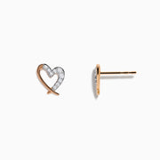The 14K Rose Gold Diamond Open Heart Earrings feature each heart half outlined with sparkling diamond-like gemstones, shown against a white background.
