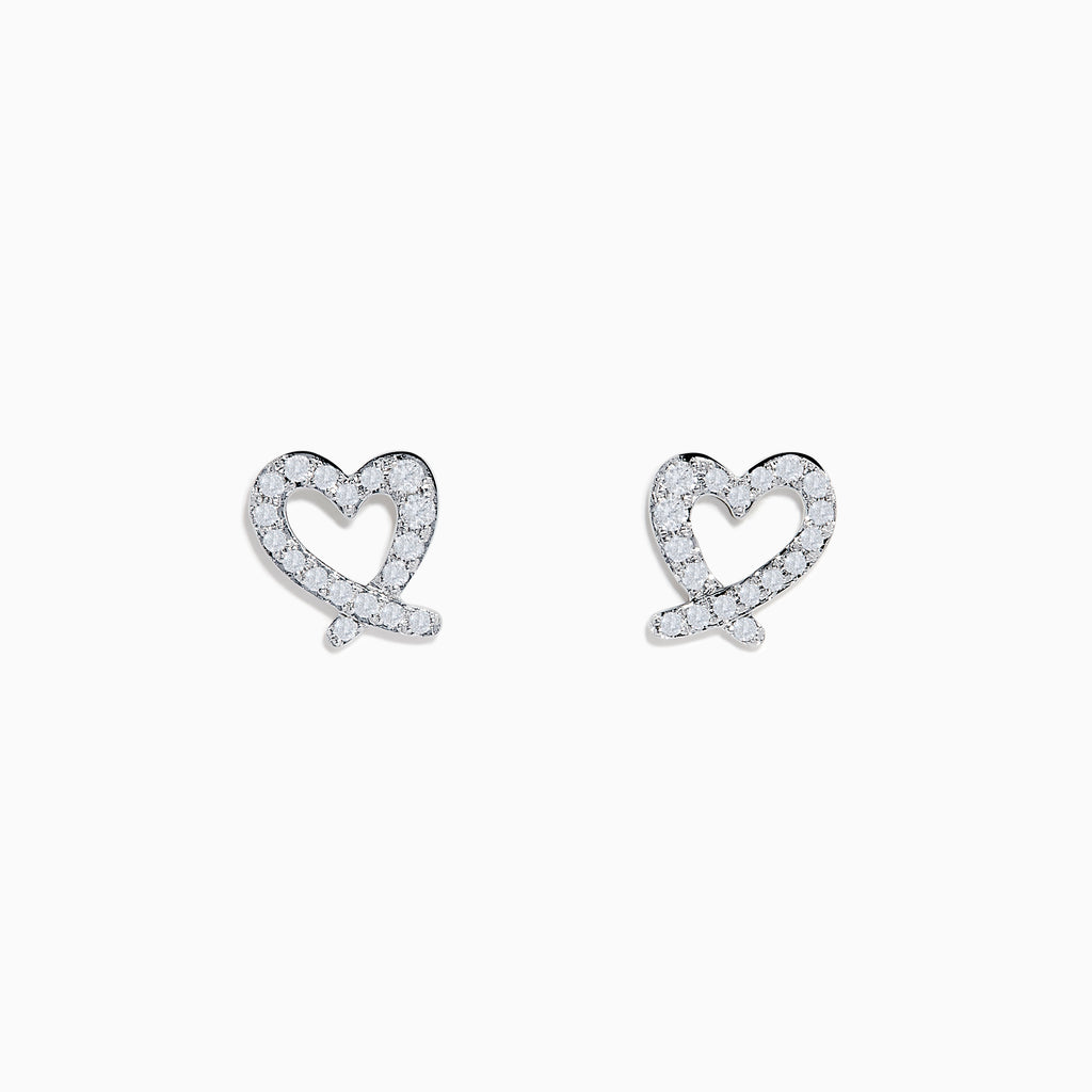 The 14K White Gold Diamond Heart Earrings feature sparkling gemstones and are shown against a white background.