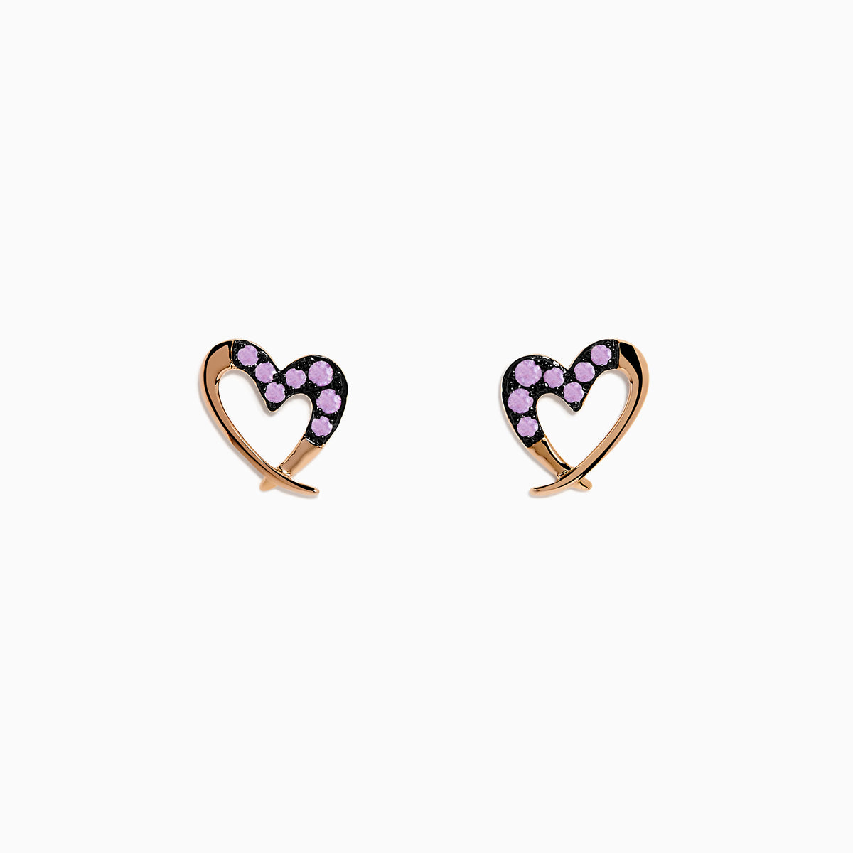 A pair of 14K rose gold multi sapphire heart earrings are shown on a white background.